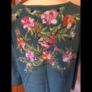 Embroidered cowl neck swing top